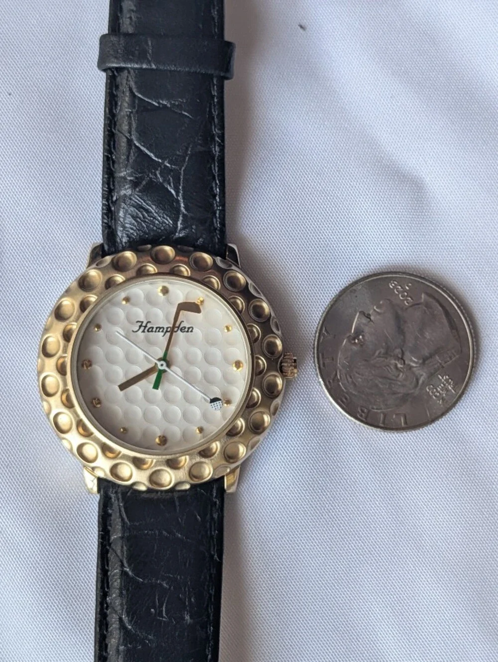 Hampden Golf Watch Golden Dimpled Bezel Club Hand Black Leather Strap Steel Back